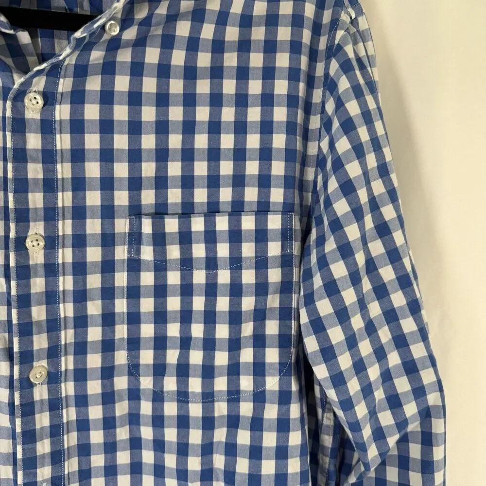 J. Crew Dress Shirt Mens Medium Blue White Plaid Organic Cotton Long Sleeve Slim